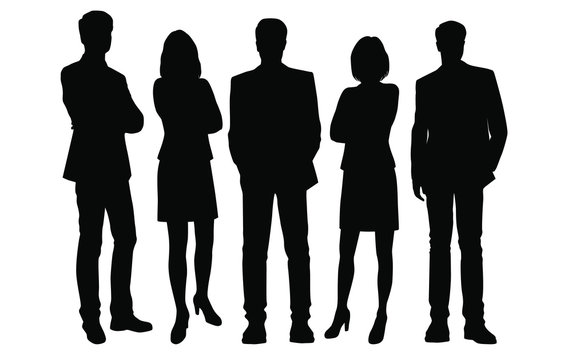 Set of business people, vector silhouettes, group men and women, black color, isolated on white background
