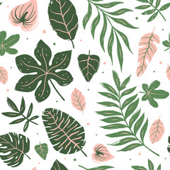 Seamless pattern of tropical leaves. Hand drawn vector Illustration