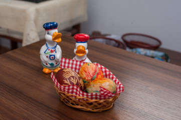 Beautiful colorful Easter eggs on wooden table. Protein source