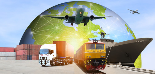 Double exposure of  logistic network distribution on background and Logistics Industrial Container...
