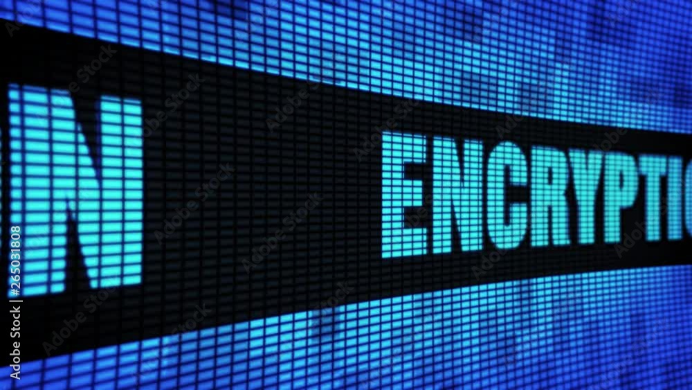 Poster encryption side text scrolling on light blue digital led display board pixel light screen looped ani