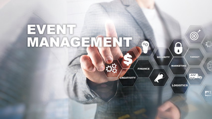  Event management Concept. Event management flowchart. Event management related items. Mixed media business.