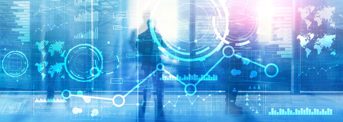 Business interface mixed media double exposure financial chart graph diagram and icon on virtual screen. Innovation concept