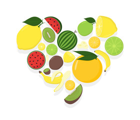 Fruit in heart. Summer set of fruits. Vector