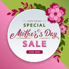 Fototapeta na wymiar Mother's Day modern sale banner with lettering text and flowers. Trendy floral background layout. For banners, flyers, invitation, brochure, posters, voucher discount. Vector illustration template