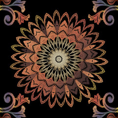 Embroidery Baroque seamless mandala pattern. Vintage vector background. Abstract grunge wallpaper. Floral tapestry ornaments with embroidered baroque flowers, scroll leaves. Ornate stitching texture