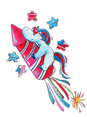hand-drawn watercolor unicorn on American independence day