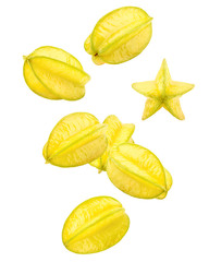 Falling carambola, starfruit, isolated on white background, clipping path, full depth of field