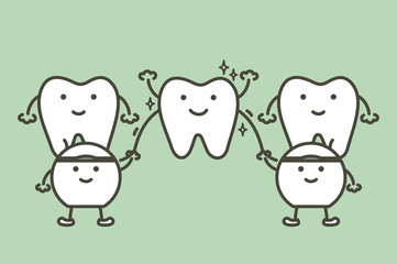cleaning teeth by dental floss, dental health care - tooth cartoon vector flat style