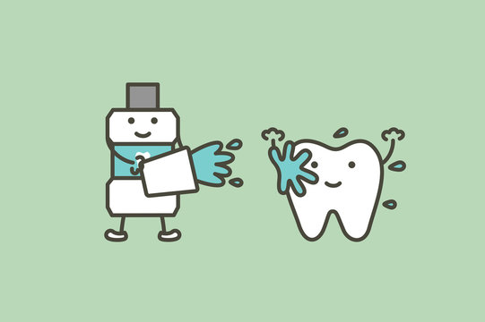 cleaning teeth by mouthwash, dental health care - tooth cartoon vector flat style