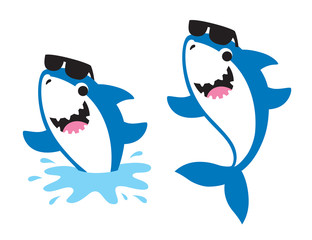 Vector illustration of cute baby friendly shark wearing sunglasses jumping out of the sea in summer.