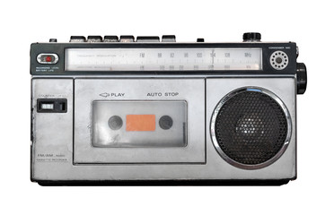 Vintage cassette player - Old radio receiver isolate on white with clipping path for object. retro technology