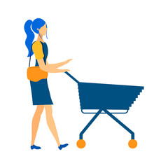 Woman with Shopping Cart Flat Vector Illustration