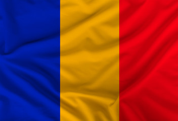 colored flag of the state of Romania, depicted on textiles with soft folds