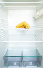 Bright fresh bananas on shelf of open empty refrigerator. Weight loss diet concept.