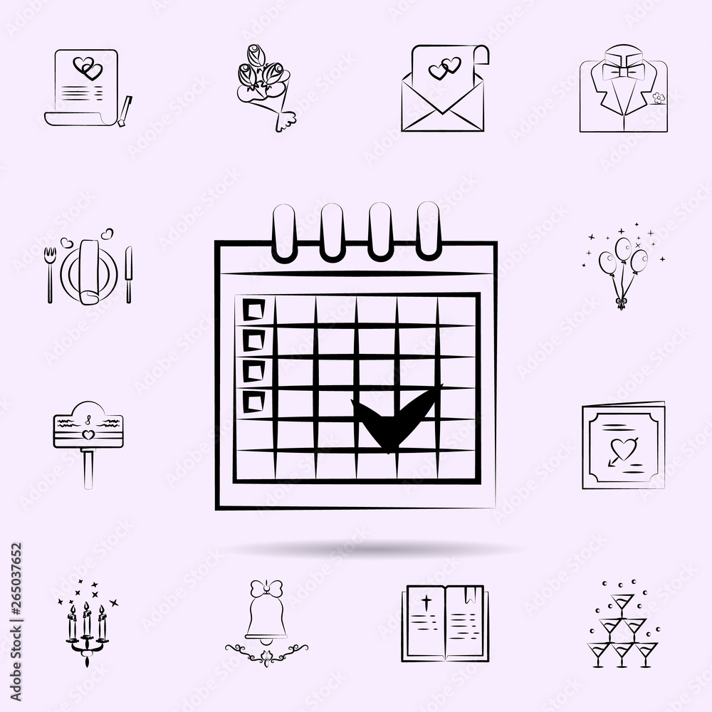 Poster timestamp in calendar icon. universal set of wedding for website design and development, app develop