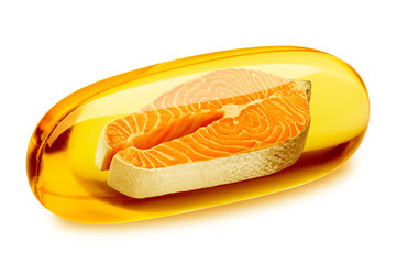 Fish oil pill, omega 3, isolated on white background, clipping path, full depth of field