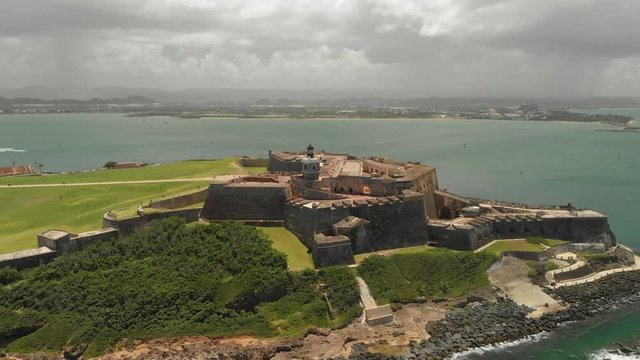 Fortress at Old San Juan, Puerto Rico - Castillo San Felipe del Morro  Aerial view of the fortress at Old San Juan, Puerto Rico (2xSpeed 60fps 140Mbps)