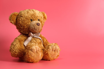 Soft warm cute brown teddy bear on color background. Isolated. Soft pink background. Copy space for text.