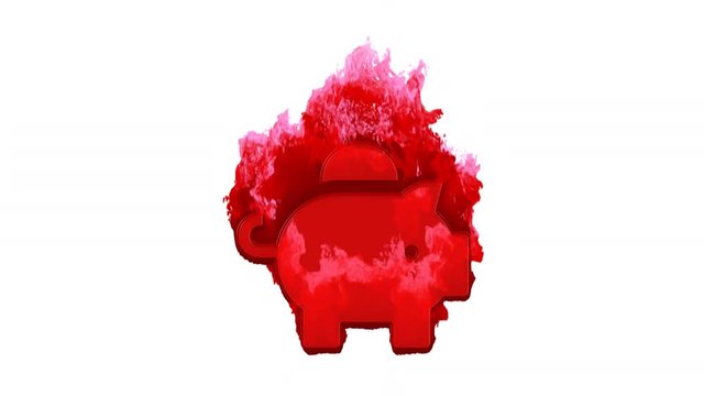 Symbol piggy bank inflames with dark fire, then burns. In - Out loop. Alpha channel Premultiplied - Matted with color white