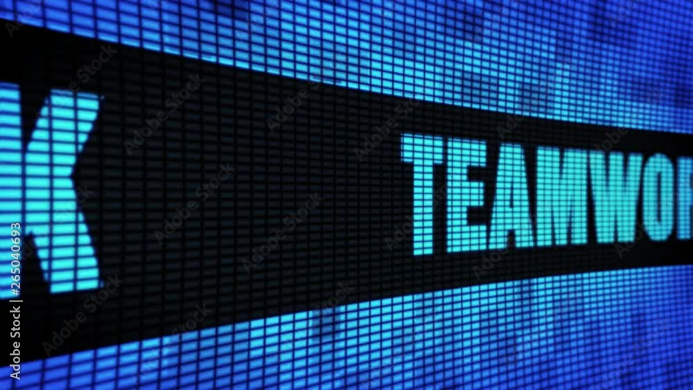 Poster teamwork side text scrolling on light blue digital led display board pixel light screen looped anima