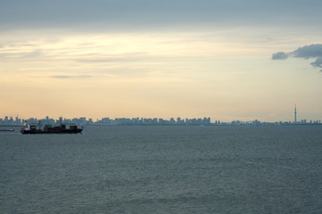Obraz premium Tokyo,Japan-April 28, 2019: Tokyo port viewed from Umihotaru in Tokyo bay