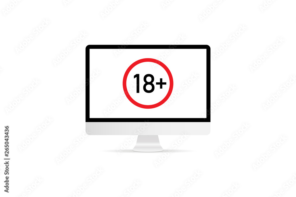 Poster computer with badge under control with shadow. computer application + 18.