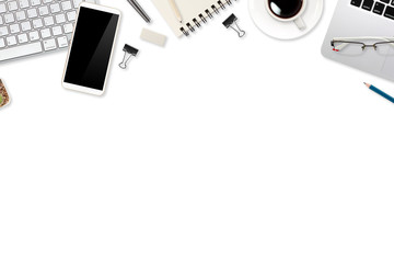 digital marketing office table with laptop computer, office supplies, and cell phone on white background