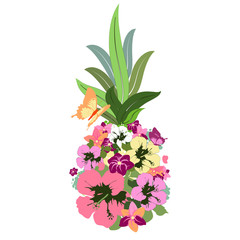 Pineapple with Hawaiian flowers, exotic fruit, isolated on a white