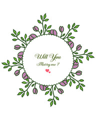 Vector illustration greeting card will you marry me for pattern purple flower frame