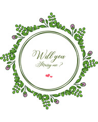 Vector illustration writing will you marry me for ornate of purple wreath frames