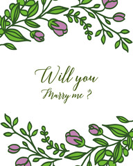 Vector illustration card will you marry me for texture purple bouqet frame