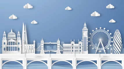 Illustration der Stadtszene mit berühmten Architekturen in London, England. Elemente der Stadt London, England. Londoner Stadtszene von England. Papierschnitt und Bastelstil. Vektor, Abbildung. © ibom