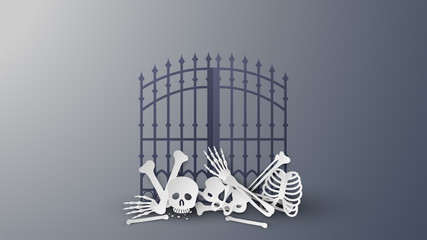 Illustration of human skeleton on Halloween. Entrance door decorated with human skeleton on Halloween. paper cut and craft style. vector, illustration.