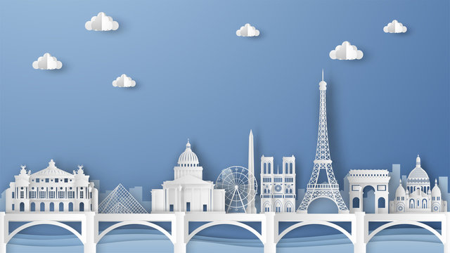 Illustration of city scene with famous architectures in Paris, France. Elements of Paris city, France. Paris city scene of France. paper cut and craft style. vector, illustration.