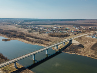 Aerial drone view of bridge over Don River in Zadonsk, Lipetsk region