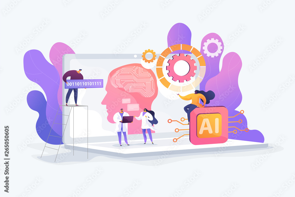 Poster brain with neural network on laptop and scientists, tiny people. artificial intelligence,machine lea