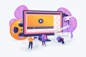 Marketers creating and distributing video content, tiny people. Video content marketing, video marketing strategy, digital marketing tool concept. Vector isolated concept creative illustration.