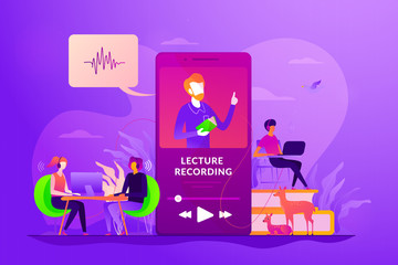 Podcast courses, audio and video recording, class recording access and study aid concept. Vector isolated concept illustration with tiny people and floral elements. Hero image for website.