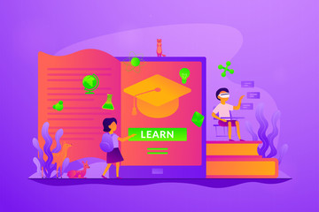 Digital and mobile learning, e-learning, flipped class, smart classroom and virtual learning concept. Vector isolated concept illustration with tiny people and floral elements. Hero image for website.