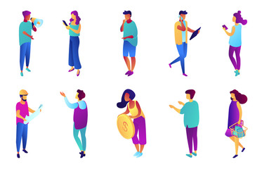 Tiny business people isometric 3D illustration set. Marketer with megaphone and businesswoman with smartphone, builder and customer with basket, manager showing concept. Isolated on white background.