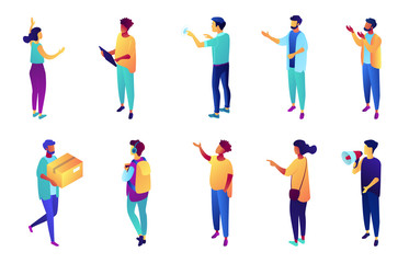 Businesspeople with raised hand showing, tiny people isometric 3D illustration set. Manager pointing at something presenting, advertising, megaphone announcement concept. Isolated on white background.
