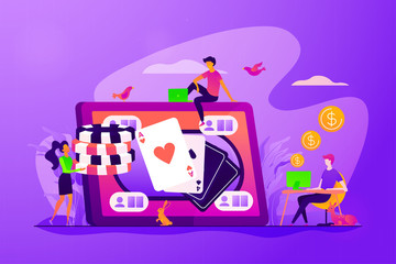 Online poker, internet gambling, online casino rooms and online poker table concept. Vector isolated concept illustration with tiny people and floral elements. Hero image for website.