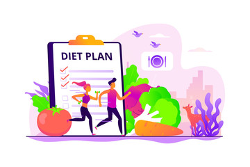 Tiny people fit couple training, nutrition control, diet plan and vegetables. Weight loss diet, low-carb diet, healthy meal food concept. Vector isolated concept creative illustration.