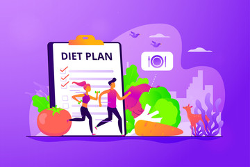 Tiny people fit couple training, nutrition control, diet plan and vegetables. Weight loss diet, low-carb diet, healthy meal food concept. Vector isolated concept creative illustration.