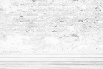 White Wood Table with Cool Grunge Brick Background, Suitable for Product Display.