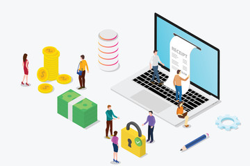 isometric electronic receipt concept with laptop and people team and money and online payment - vector