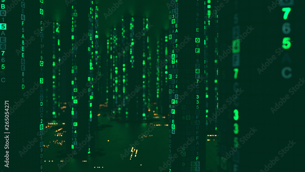 Aufkleber rain of green computer code in cyberspace 3d render illustration