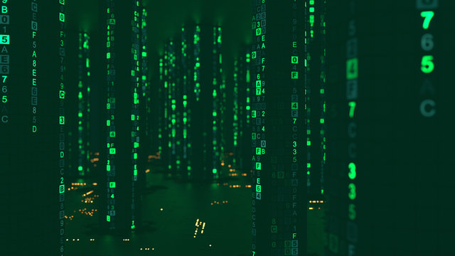 Rain of green computer code in cyberspace 3D render illustration
