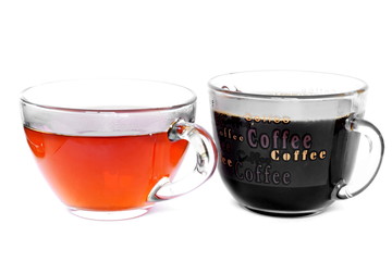 Pair of glass cup of hot golden tea and black strong coffee with handles turned in one direction on white background. Isolated
